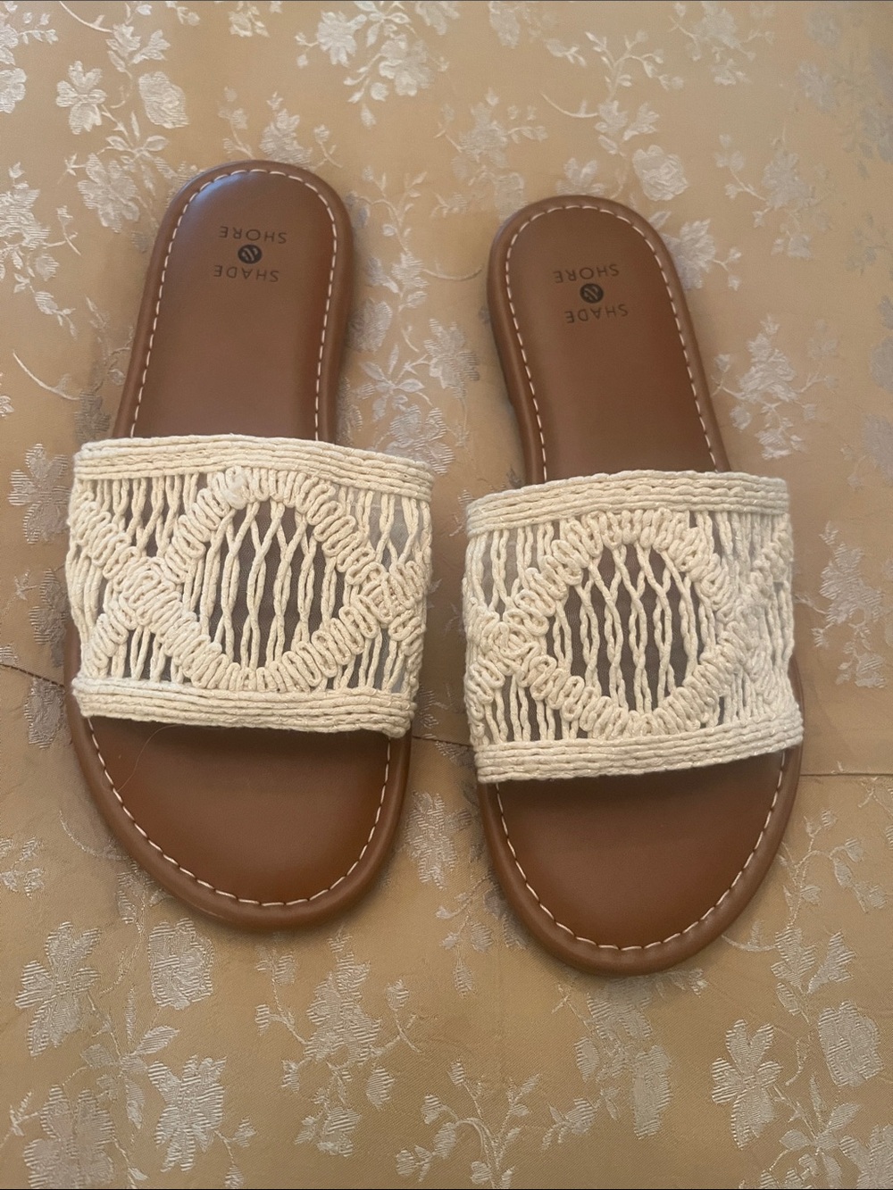 Shade & Shore Cream Macramé Slide Sandals with Brown Footbed